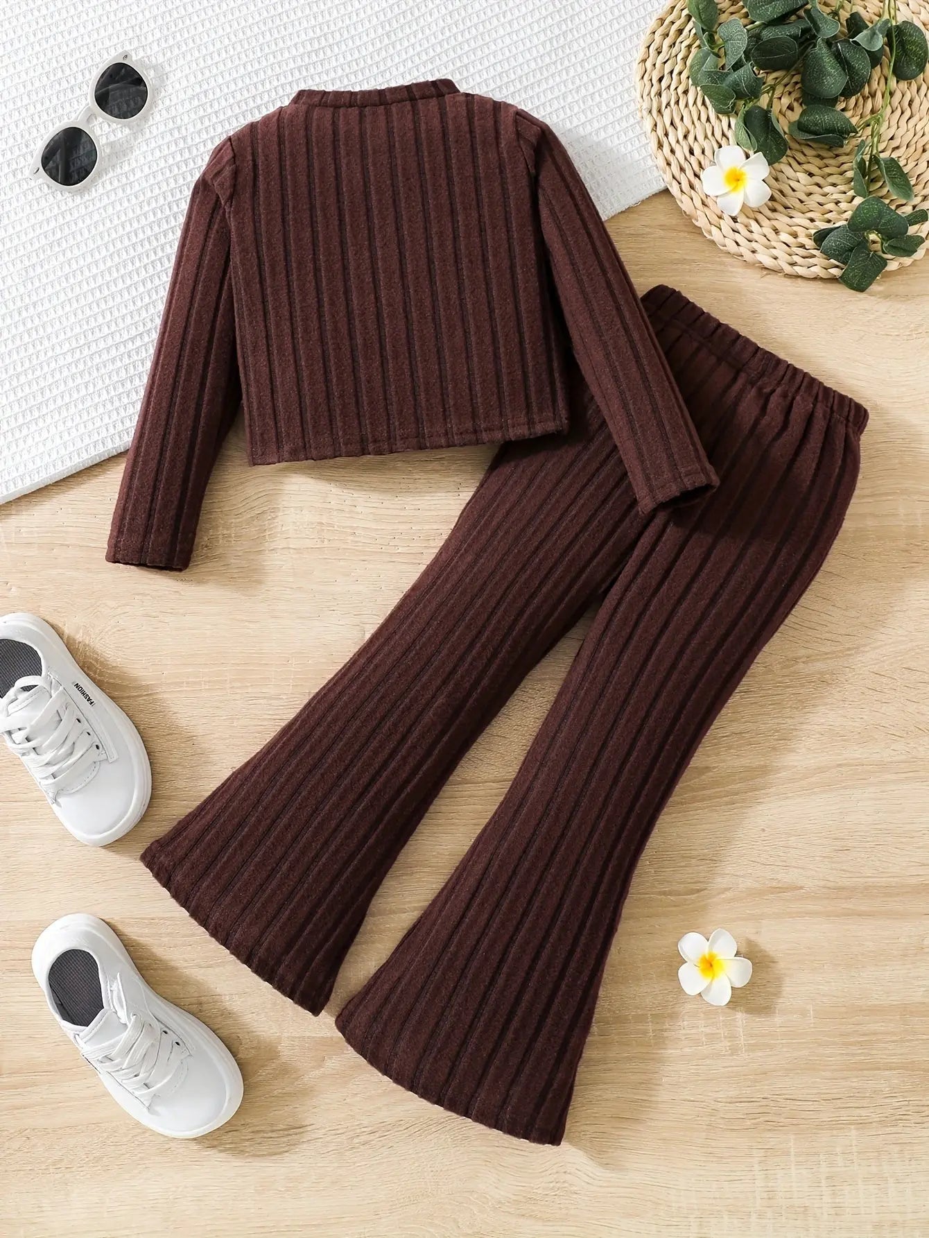 2pcs Toddler Girls Ribbed Outfits Crew Neck Long Sleeve Pullover Top + Flare Pants Set Spring Fall Sports Gift, Outdoor Clothing - Tophatter Daily Deals