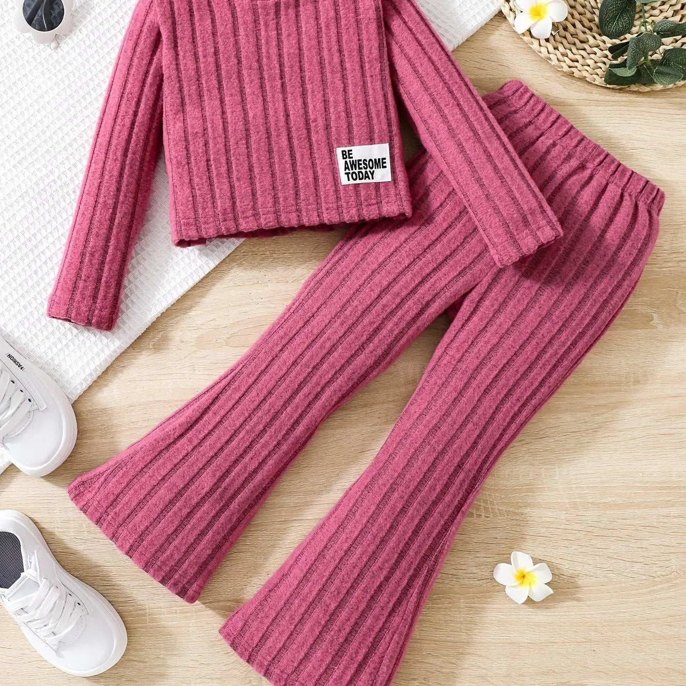 2pcs Toddler Girls Ribbed Outfits Crew Neck Long Sleeve Pullover Top + Flare Pants Set Spring Fall Sports Gift, Outdoor Clothing Rose Red - Tophatter Daily Deals