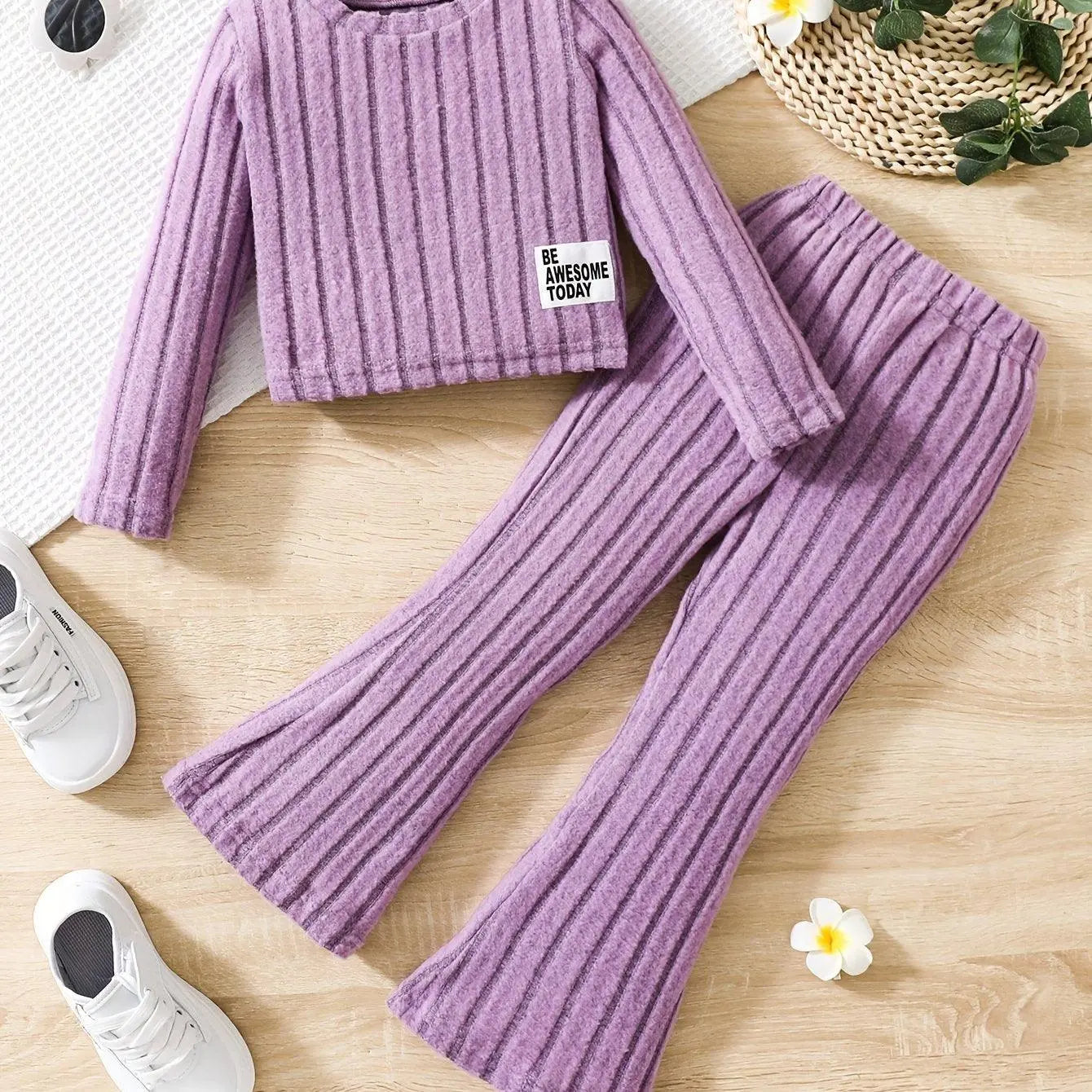2pcs Toddler Girls Ribbed Outfits Crew Neck Long Sleeve Pullover Top + Flare Pants Set Spring Fall Sports Gift, Outdoor Clothing Purple - Tophatter Daily Deals