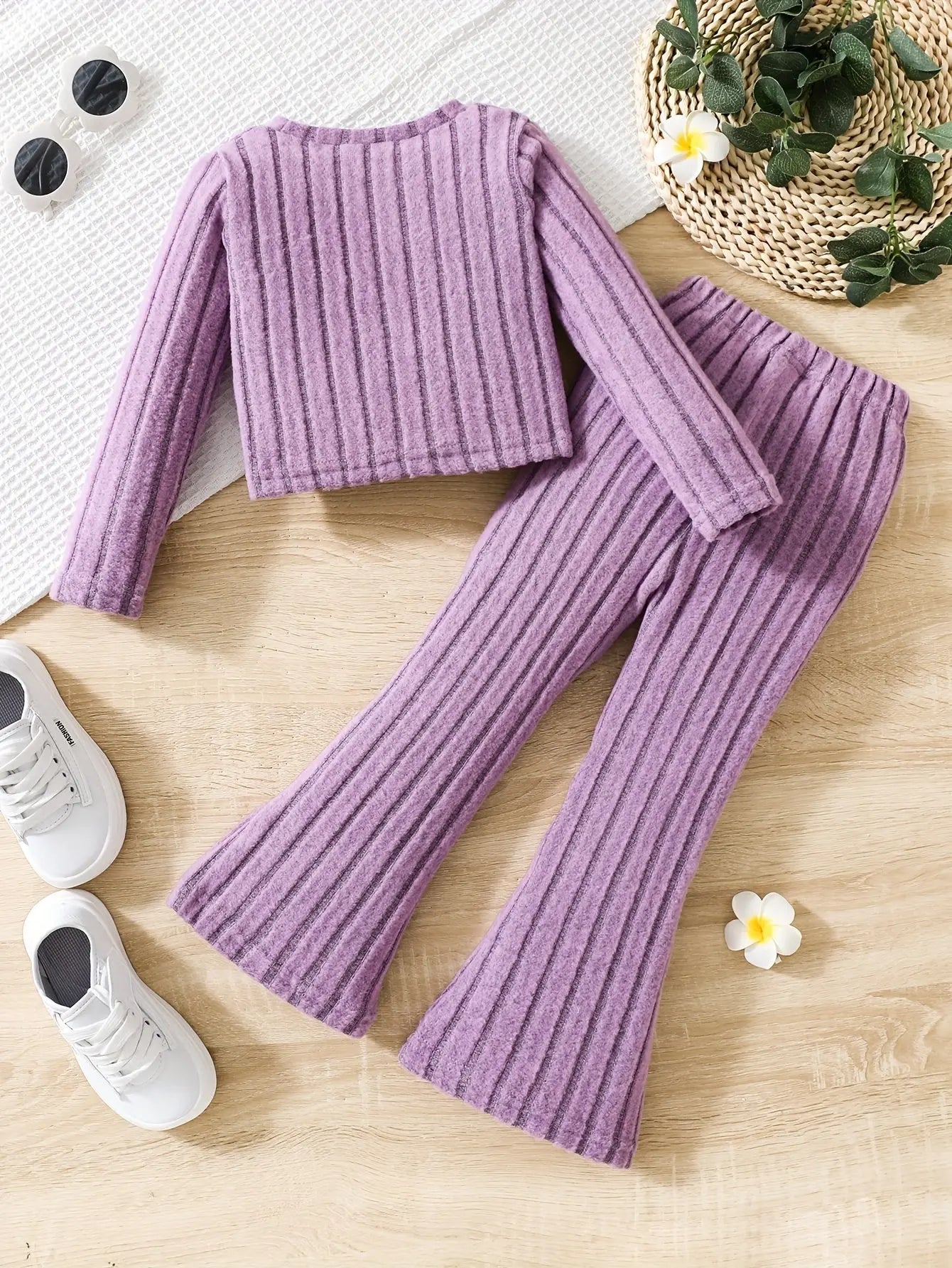 2pcs Toddler Girls Ribbed Outfits Crew Neck Long Sleeve Pullover Top + Flare Pants Set Spring Fall Sports Gift, Outdoor Clothing - Tophatter Daily Deals