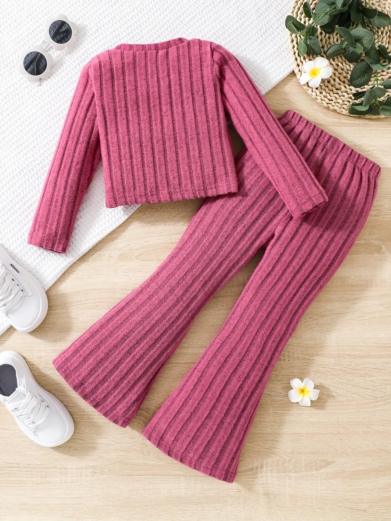 2pcs Toddler Girls Ribbed Outfits Crew Neck Long Sleeve Pullover Top + Flare Pants Set Spring Fall Sports Gift, Outdoor Clothing - Tophatter Daily Deals