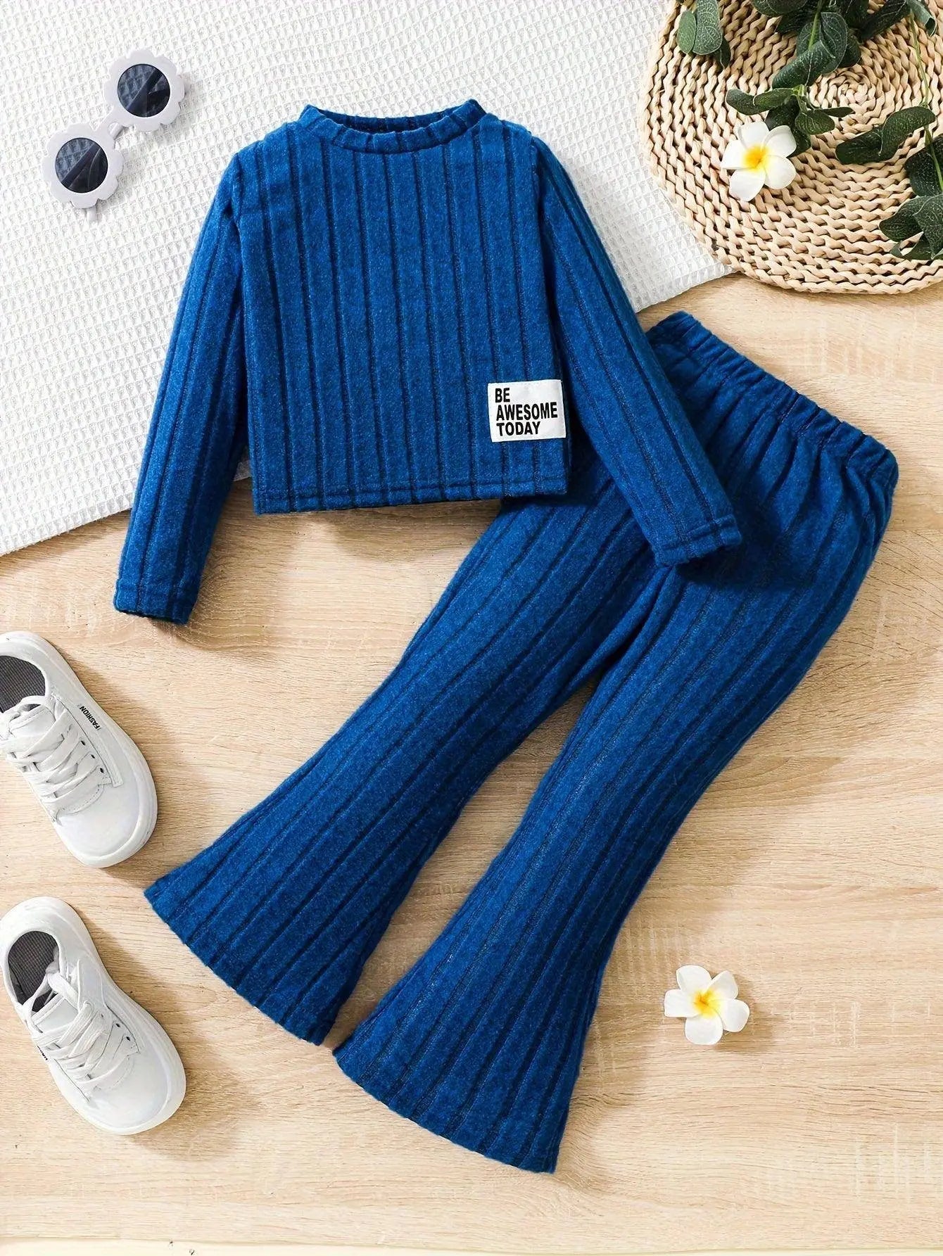 2pcs Toddler Girls Ribbed Outfits Crew Neck Long Sleeve Pullover Top + Flare Pants Set Spring Fall Sports Gift, Outdoor Clothing - Tophatter Daily Deals