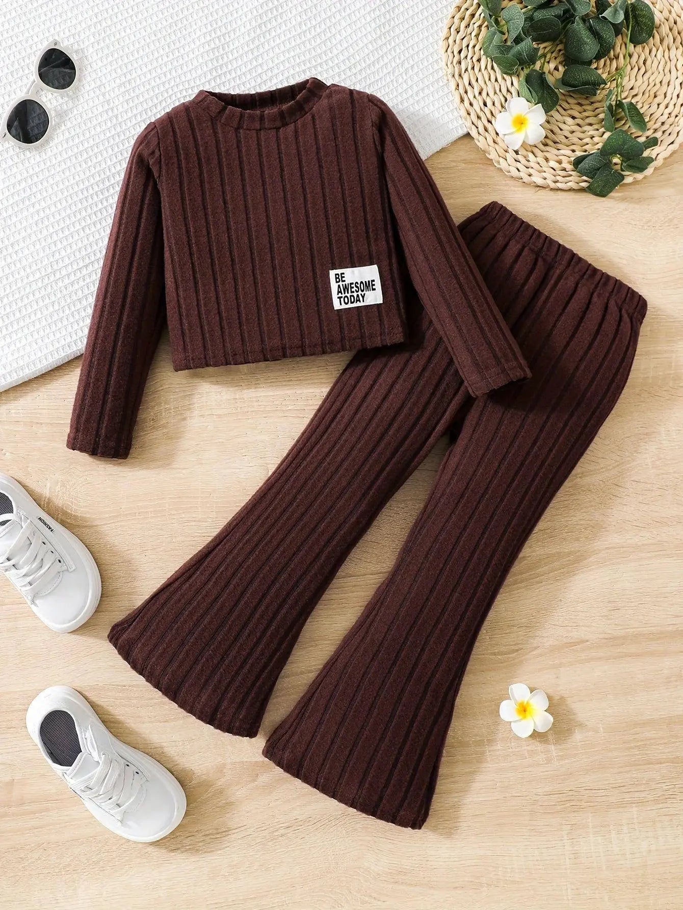 2pcs Toddler Girls Ribbed Outfits Crew Neck Long Sleeve Pullover Top + Flare Pants Set Spring Fall Sports Gift, Outdoor Clothing - Tophatter Daily Deals