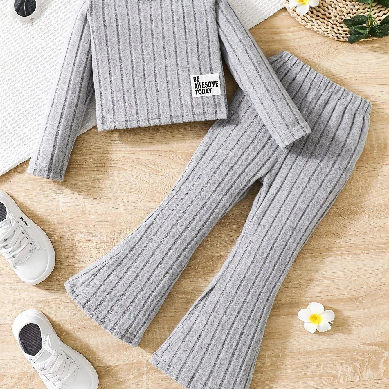 2pcs Toddler Girls Ribbed Outfits Crew Neck Long Sleeve Pullover Top + Flare Pants Set Spring Fall Sports Gift, Outdoor Clothing Light Grey - Tophatter Daily Deals