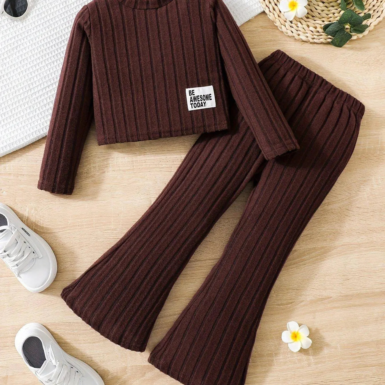 2pcs Toddler Girls Ribbed Outfits Crew Neck Long Sleeve Pullover Top + Flare Pants Set Spring Fall Sports Gift, Outdoor Clothing Coffee color - Tophatter Daily Deals
