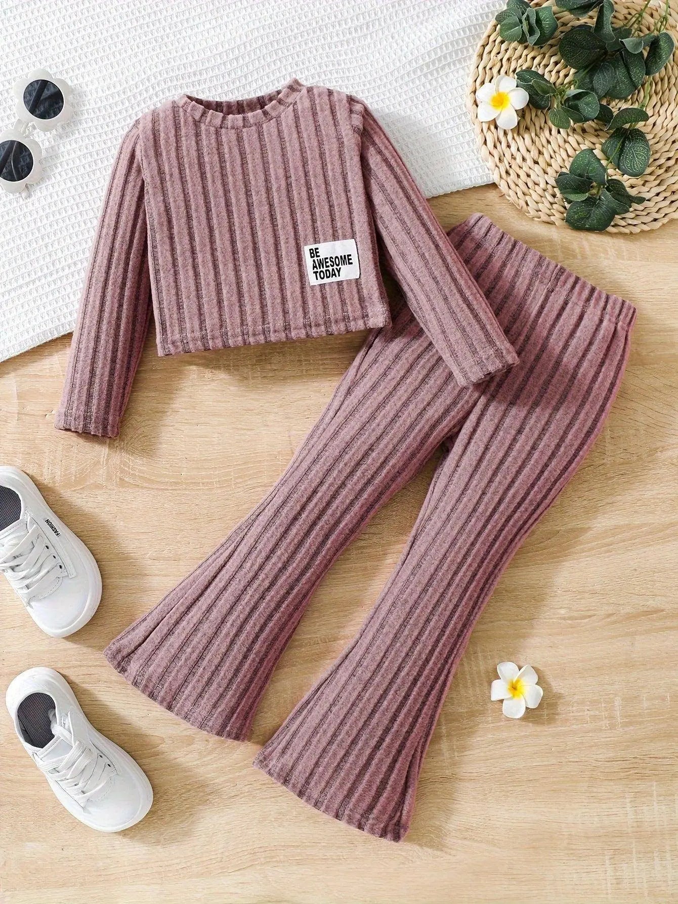 2pcs Toddler Girls Ribbed Outfits Crew Neck Long Sleeve Pullover Top + Flare Pants Set Spring Fall Sports Gift, Outdoor Clothing - Tophatter Daily Deals