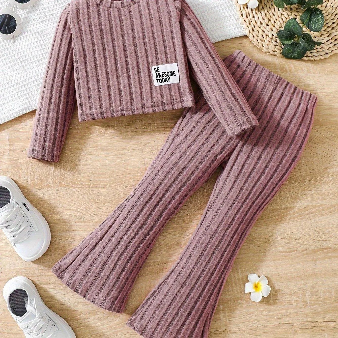 2pcs Toddler Girls Ribbed Outfits Crew Neck Long Sleeve Pullover Top + Flare Pants Set Spring Fall Sports Gift, Outdoor Clothing The color of rouge - Tophatter Daily Deals