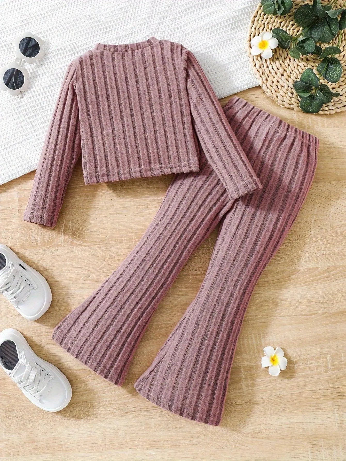 2pcs Toddler Girls Ribbed Outfits Crew Neck Long Sleeve Pullover Top + Flare Pants Set Spring Fall Sports Gift, Outdoor Clothing - Tophatter Daily Deals