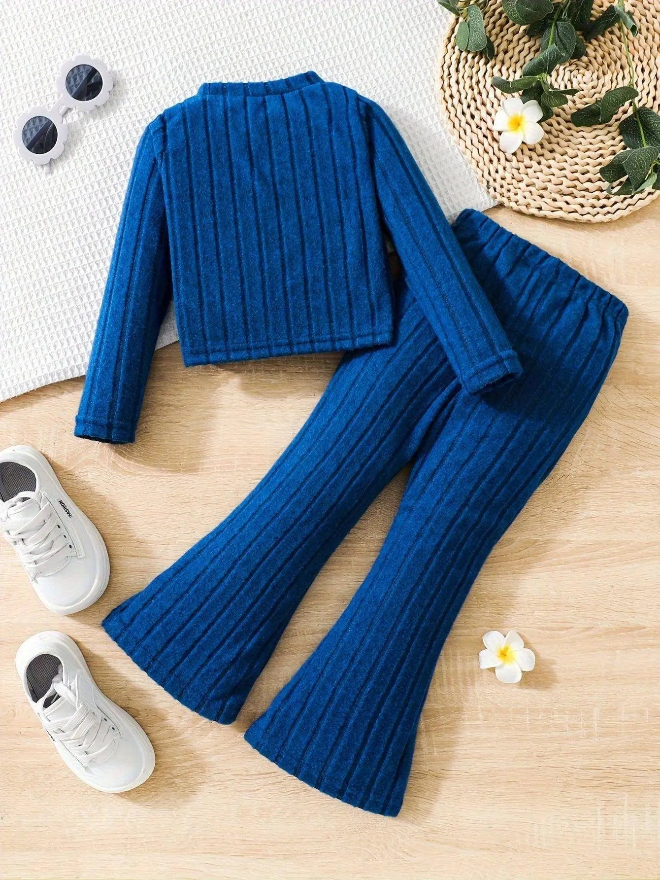 2pcs Toddler Girls Ribbed Outfits Crew Neck Long Sleeve Pullover Top + Flare Pants Set Spring Fall Sports Gift, Outdoor Clothing - Tophatter Daily Deals