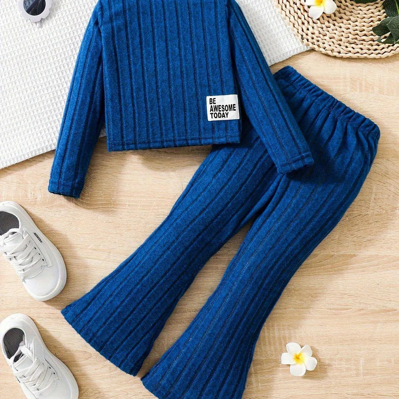 2pcs Toddler Girls Ribbed Outfits Crew Neck Long Sleeve Pullover Top + Flare Pants Set Spring Fall Sports Gift, Outdoor Clothing Blue - Tophatter Daily Deals