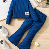 2pcs Toddler Girls Ribbed Outfits Crew Neck Long Sleeve Pullover Top + Flare Pants Set Spring Fall Sports Gift, Outdoor Clothing Blue - Tophatter Daily Deals