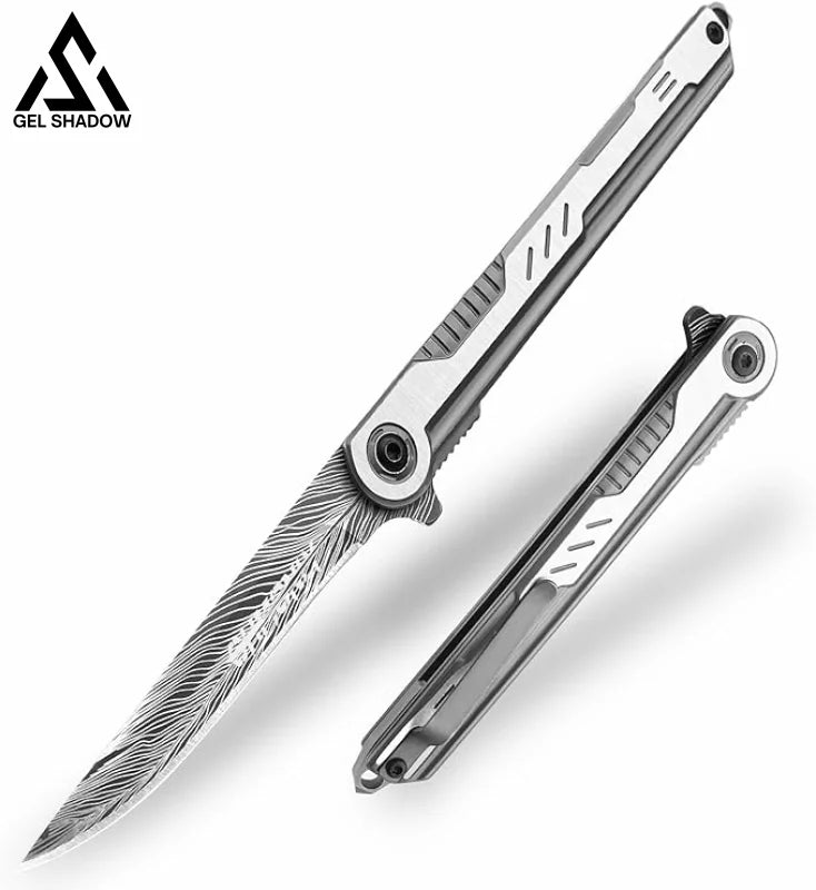 3.5 inch Pocket Knife with Clip and Feather Pattern Blade, EDC Knife for Outdoor-GS22 Sliver Feather Pocket Knives - Tophatter Daily Deals