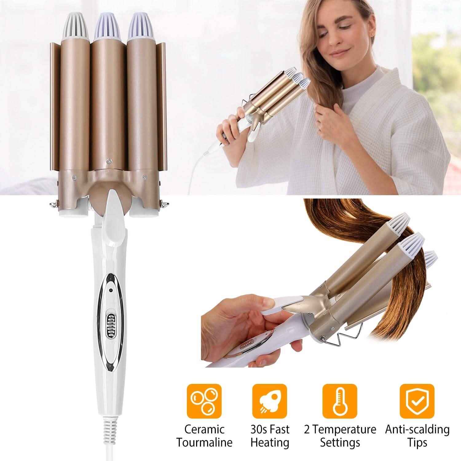 3-Barrel Curling Iron Wand Electric Hair Curler 1" Triple Hair Waver Beauty & Personal Care - Tophatter Daily Deals