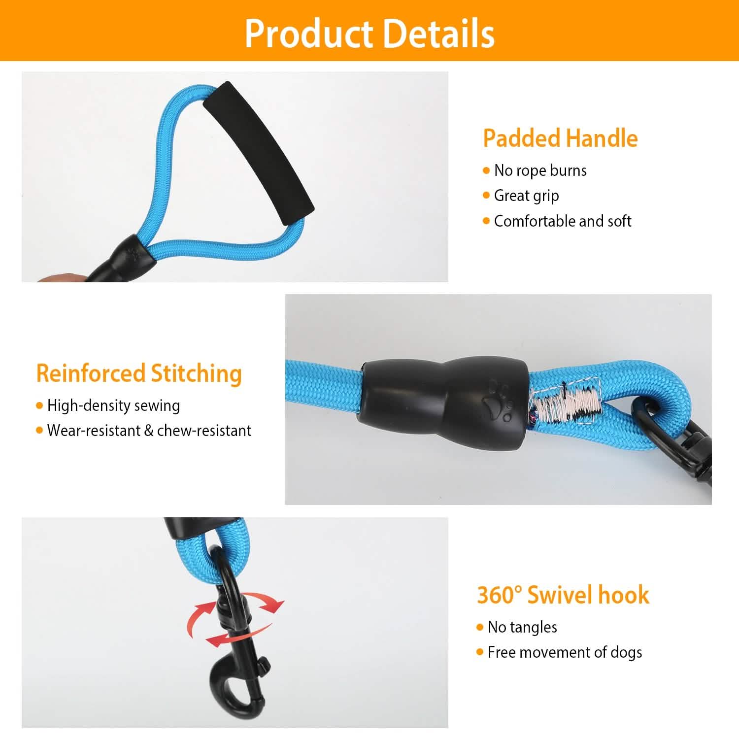 3 Dog Leash Traction Rope Walking Training Lead with Padded Handle Pet Supplies - Tophatter Daily Deals