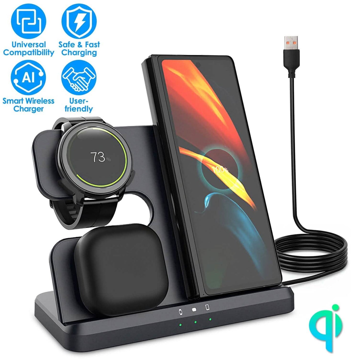 3-in-1 Fast Wireless Charger for Qi-enable Phones, Earphones and Watches Mobile Accessories - Tophatter Daily Deals