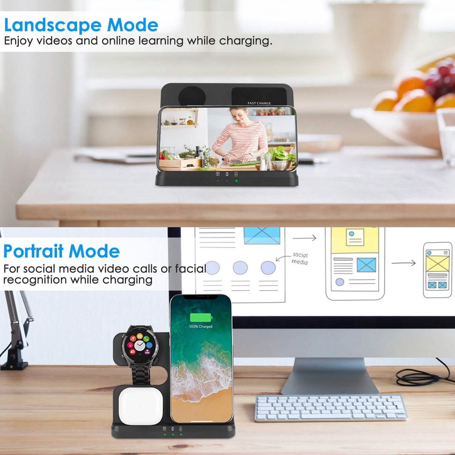 3-in-1 Fast Wireless Charger for Qi-enable Phones, Earphones and Watches Mobile Accessories - Tophatter Daily Deals