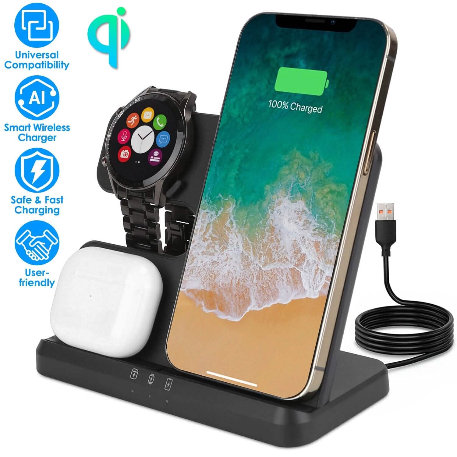 3-in-1 Fast Wireless Charger for Qi-enable Phones, Earphones and Watches Mobile Accessories - Tophatter Daily Deals