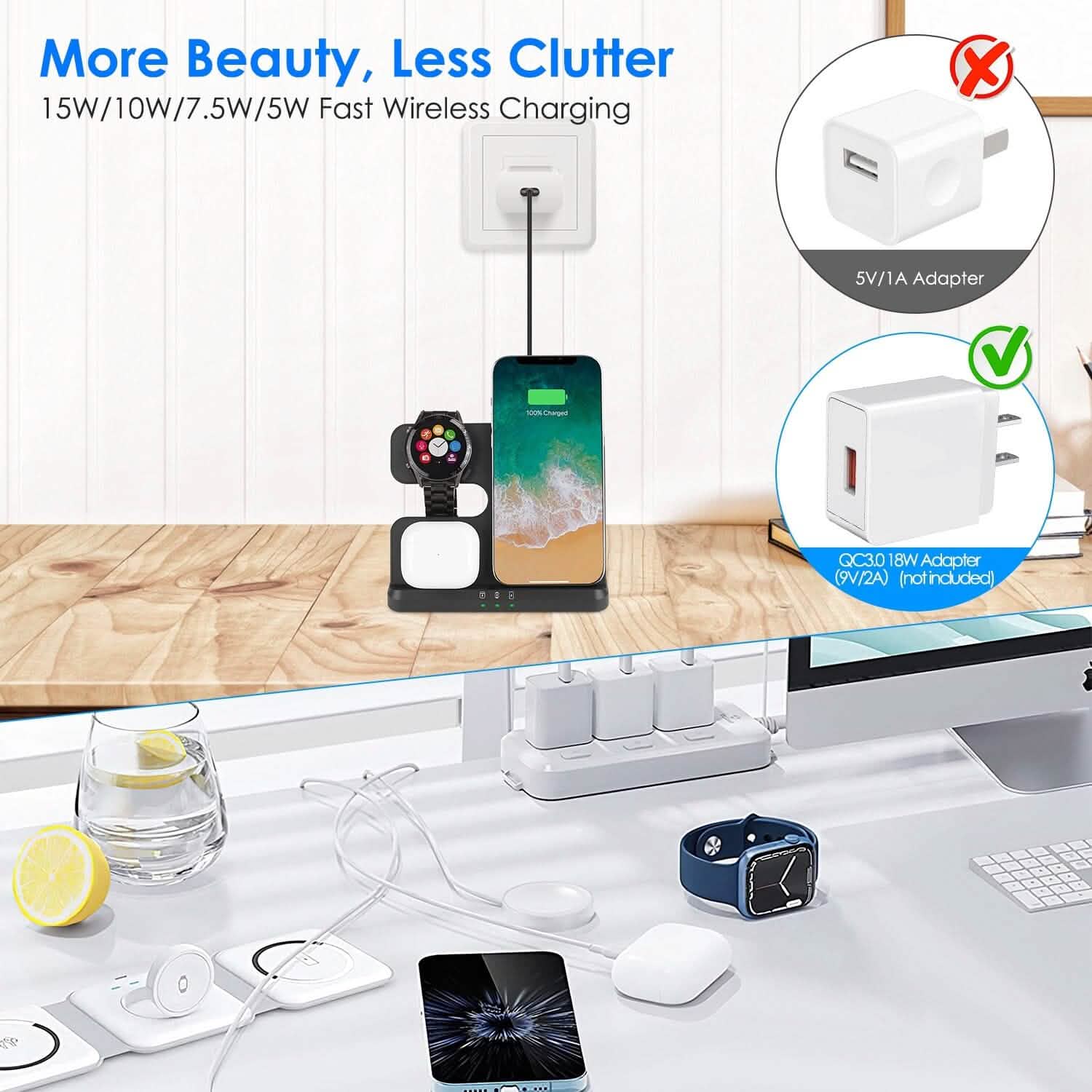 3-in-1 Fast Wireless Charger for Qi-enable Phones, Earphones and Watches Mobile Accessories - Tophatter Daily Deals