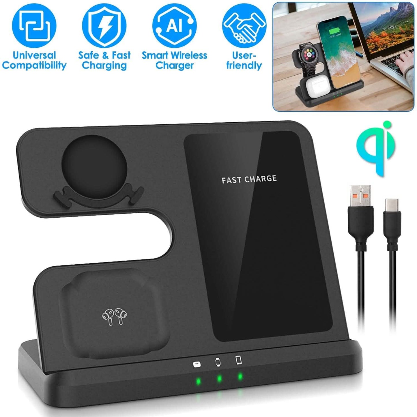 3-in-1 Fast Wireless Charger for Qi-enable Phones, Earphones and Watches Mobile Accessories - Tophatter Daily Deals