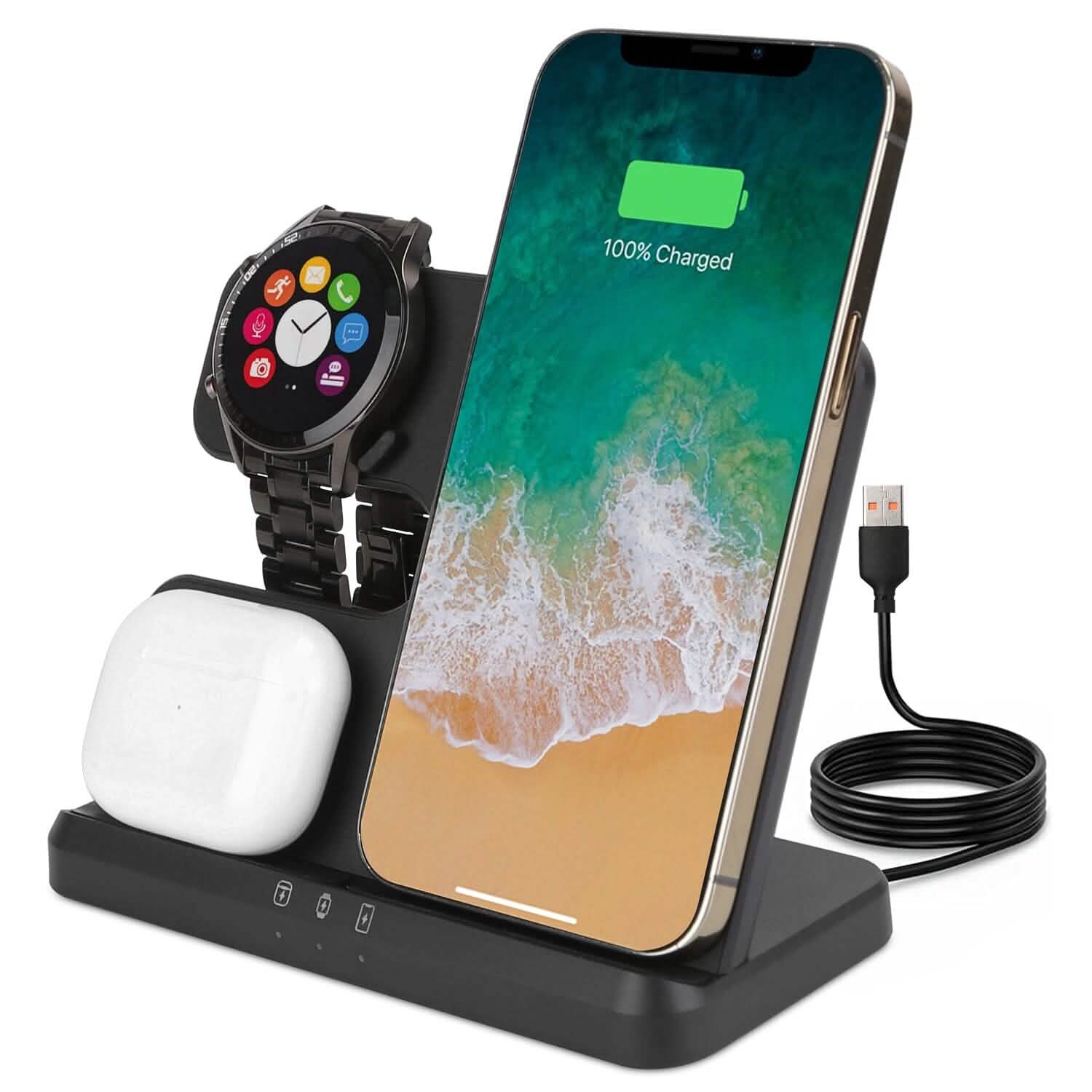 3-in-1 Fast Wireless Charger for Qi-enable Phones, Earphones and Watches Mobile Accessories - Tophatter Daily Deals