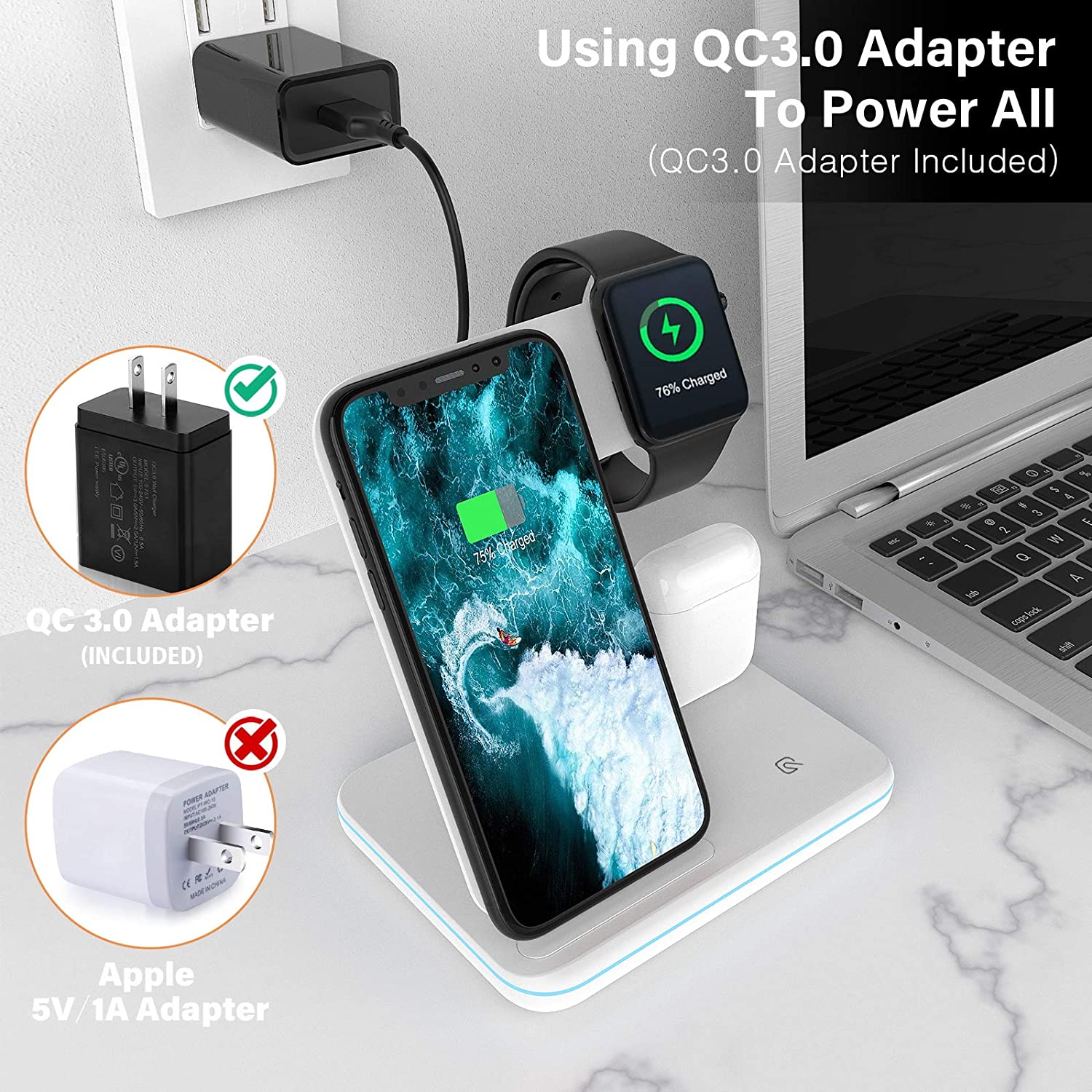 3-in-1 Qi-Certified 15W Fast Charging Station Charging Station - Tophatter Daily Deals