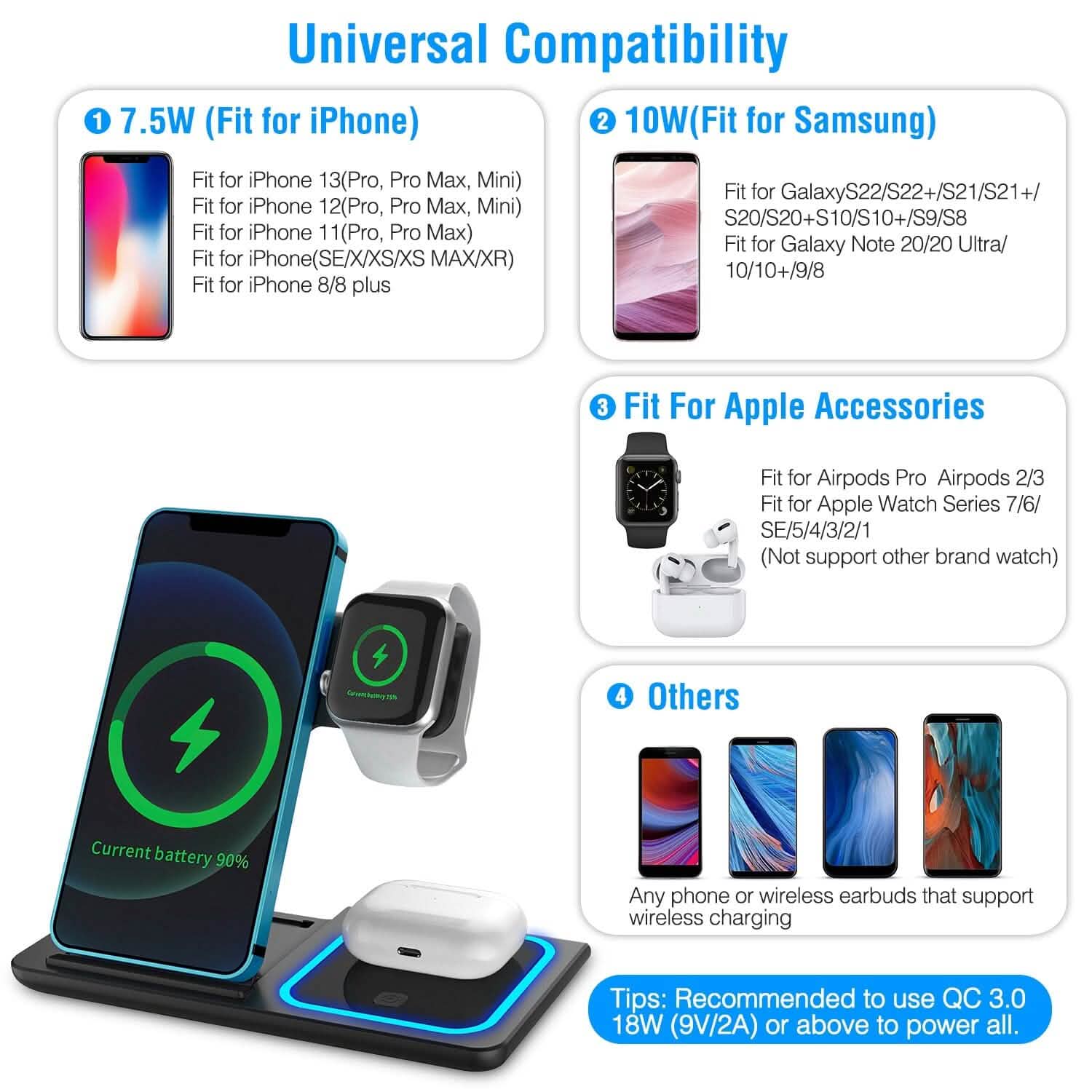 3-in-1 Wireless Fast Charging Station Dock Foldable Mobile Accessories - Tophatter Daily Deals