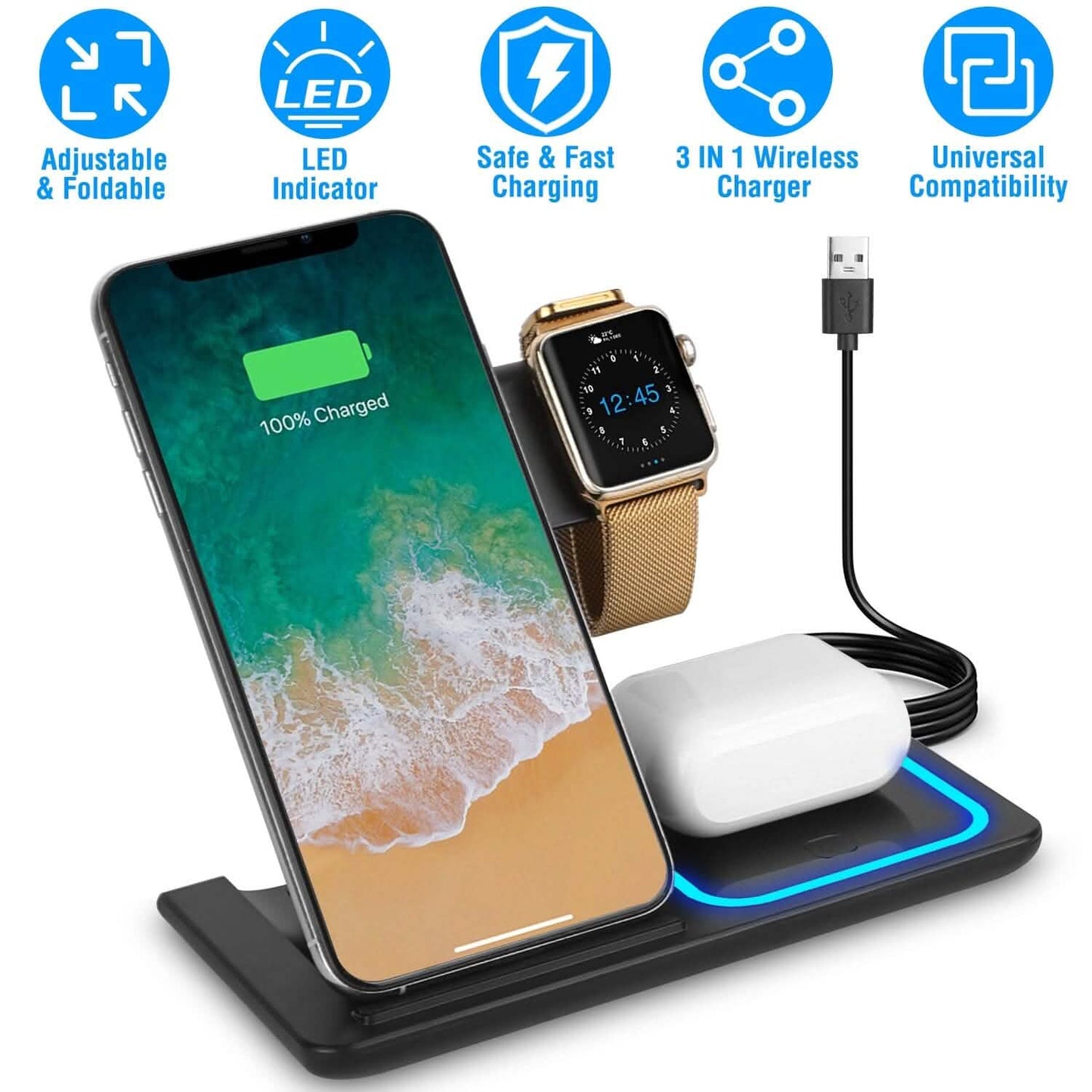 3-in-1 Wireless Fast Charging Station Dock Foldable Mobile Accessories - Tophatter Daily Deals