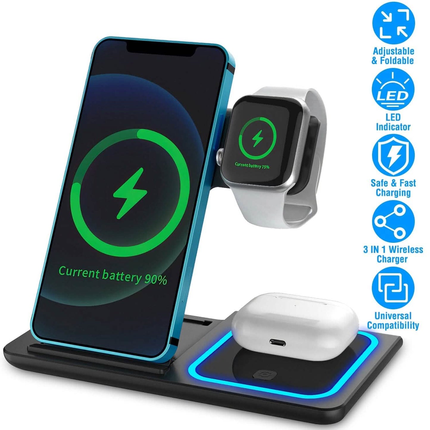 3-in-1 Wireless Fast Charging Station Dock Foldable Mobile Accessories - Tophatter Daily Deals