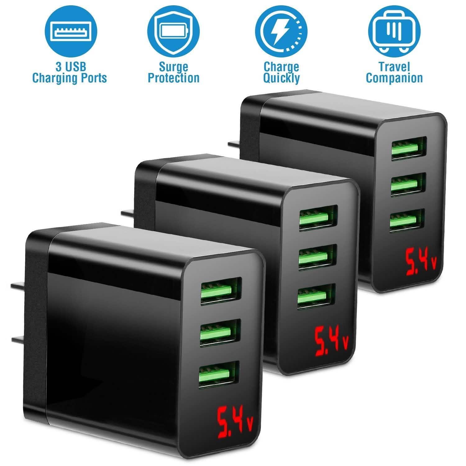 3-Pack: 3-Port USB Hub Charger Wall Power Charging Plug Adapter Mobile Accessories - Tophatter Daily Deals