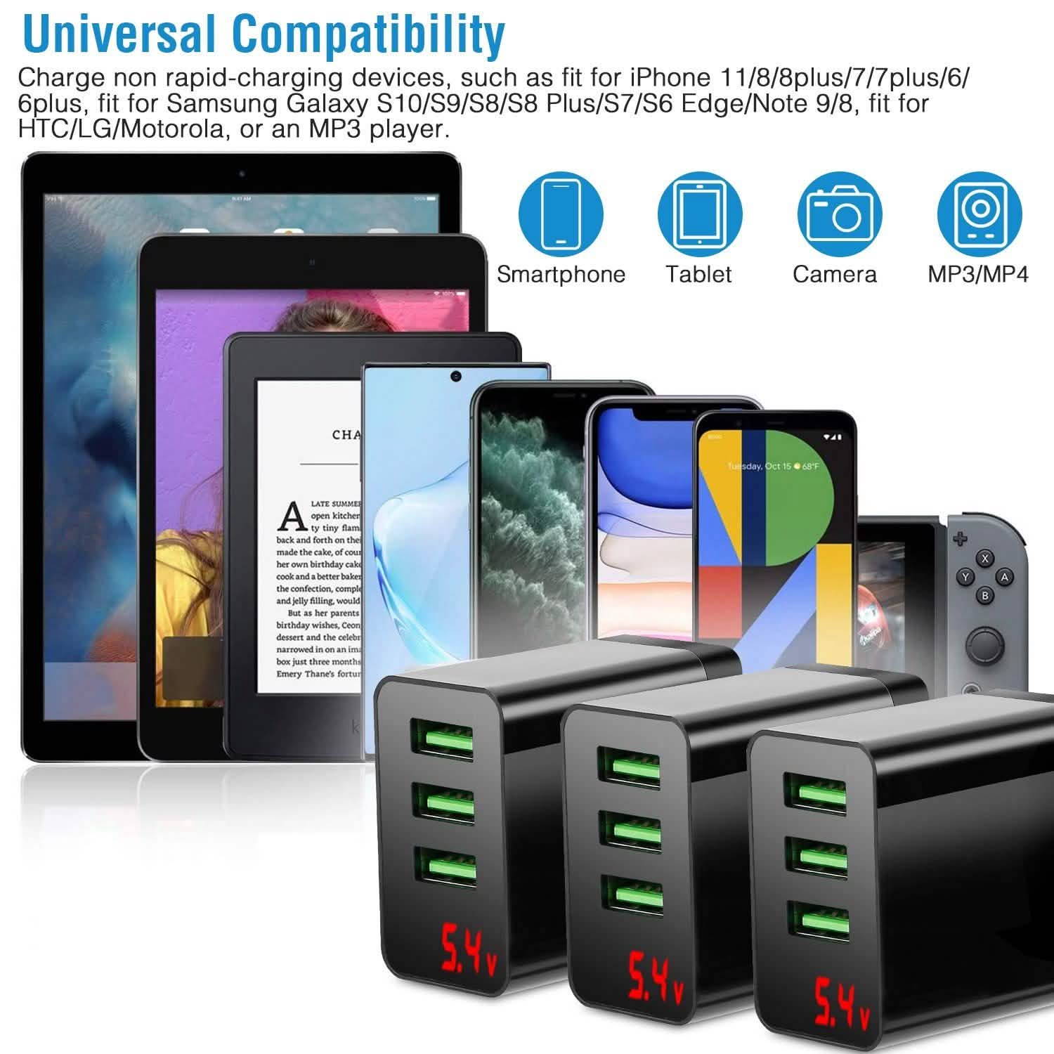 3-Pack: 3-Port USB Wall Charger Mobile Accessories - Tophatter Daily Deals