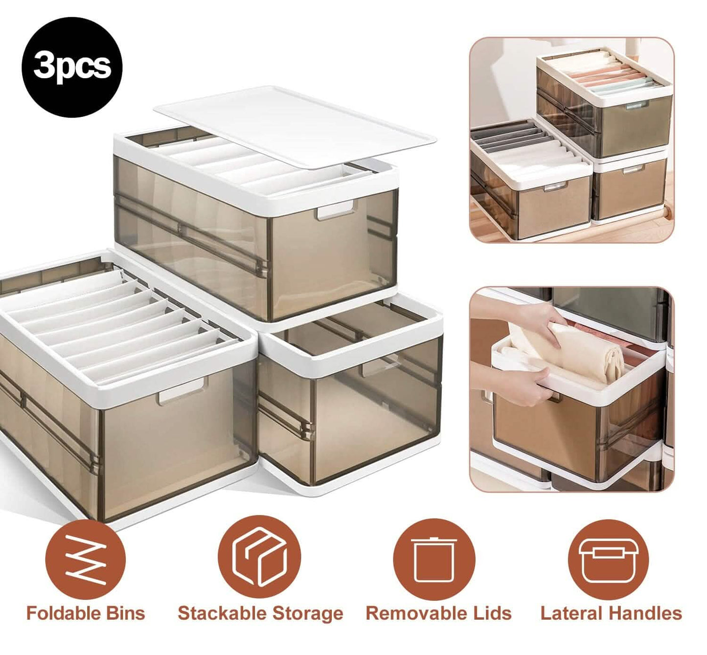 3-Pack: Foldable Storage Bin with Lid Stackable Plastic Closet Organizer Storage & Organization - Tophatter Daily Deals