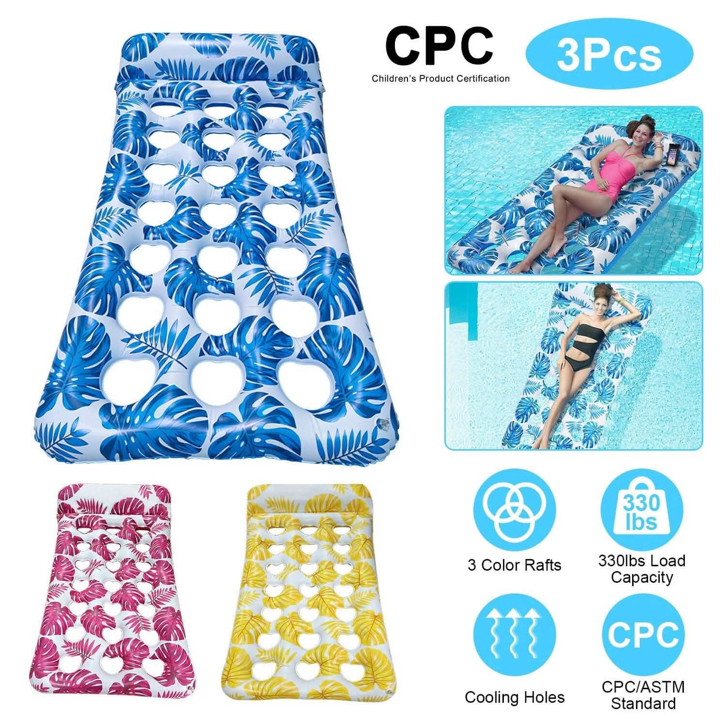 3-Pack: Inflatable Pool Float Raft Water Lounge 330lbs Load-Bearing Mattress with Headrest Outdoor Recreation - Tophatter Daily Deals