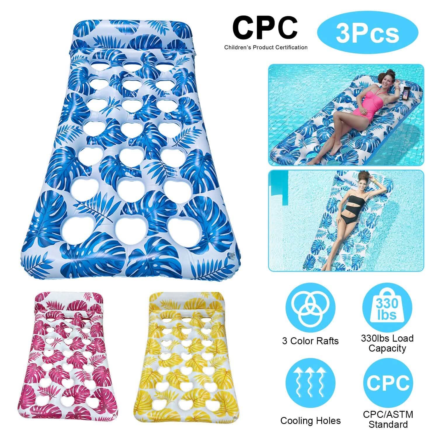 3-Pack: Inflatable Pool Float Raft Water Lounge 330lbs Load-Bearing Mattress with Headrest Outdoor Recreation - Tophatter Daily Deals