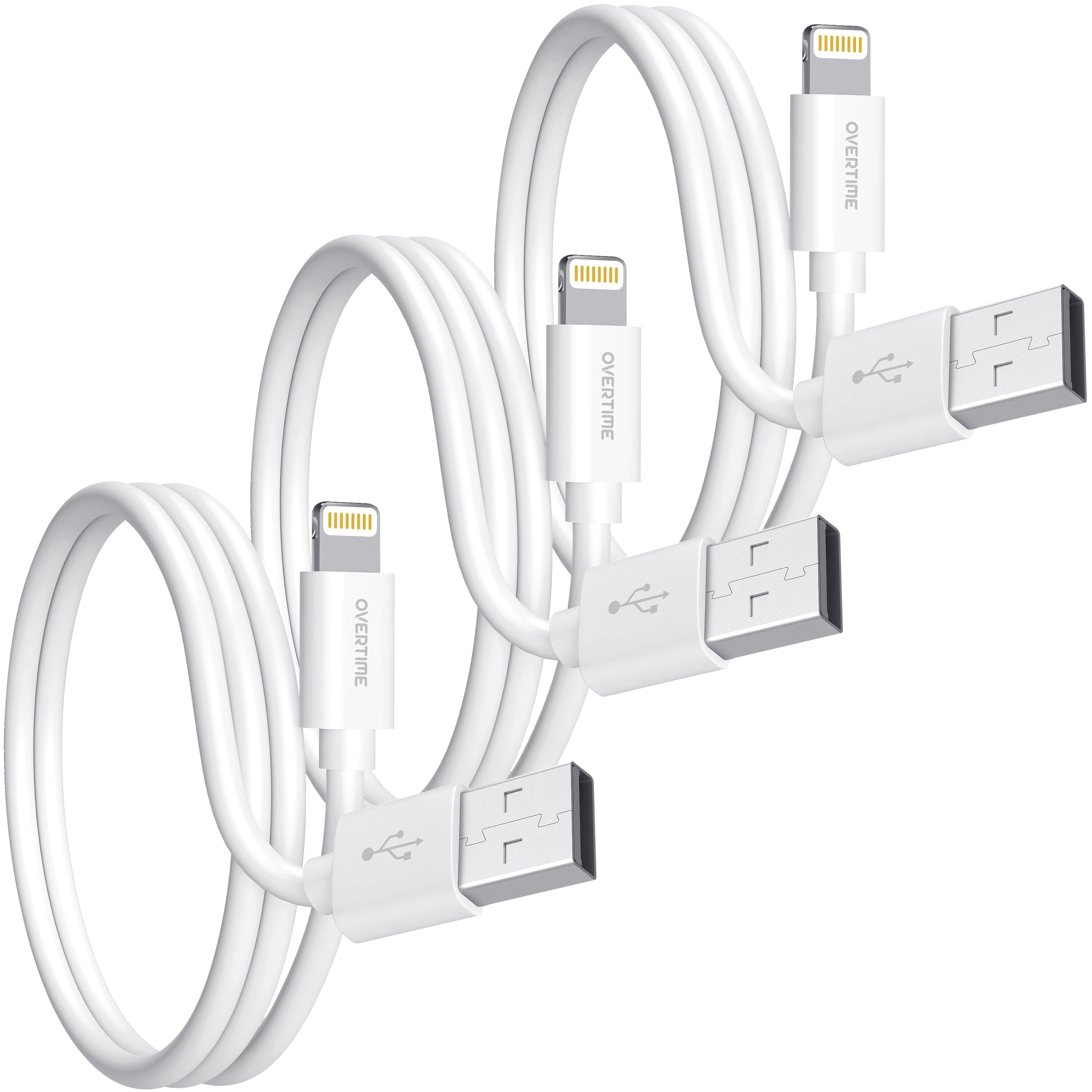 3-Pack: Overtime MFi Certified Ultra-Fast Charging 4ft Lightning Cables Charging Cable - Tophatter Daily Deals