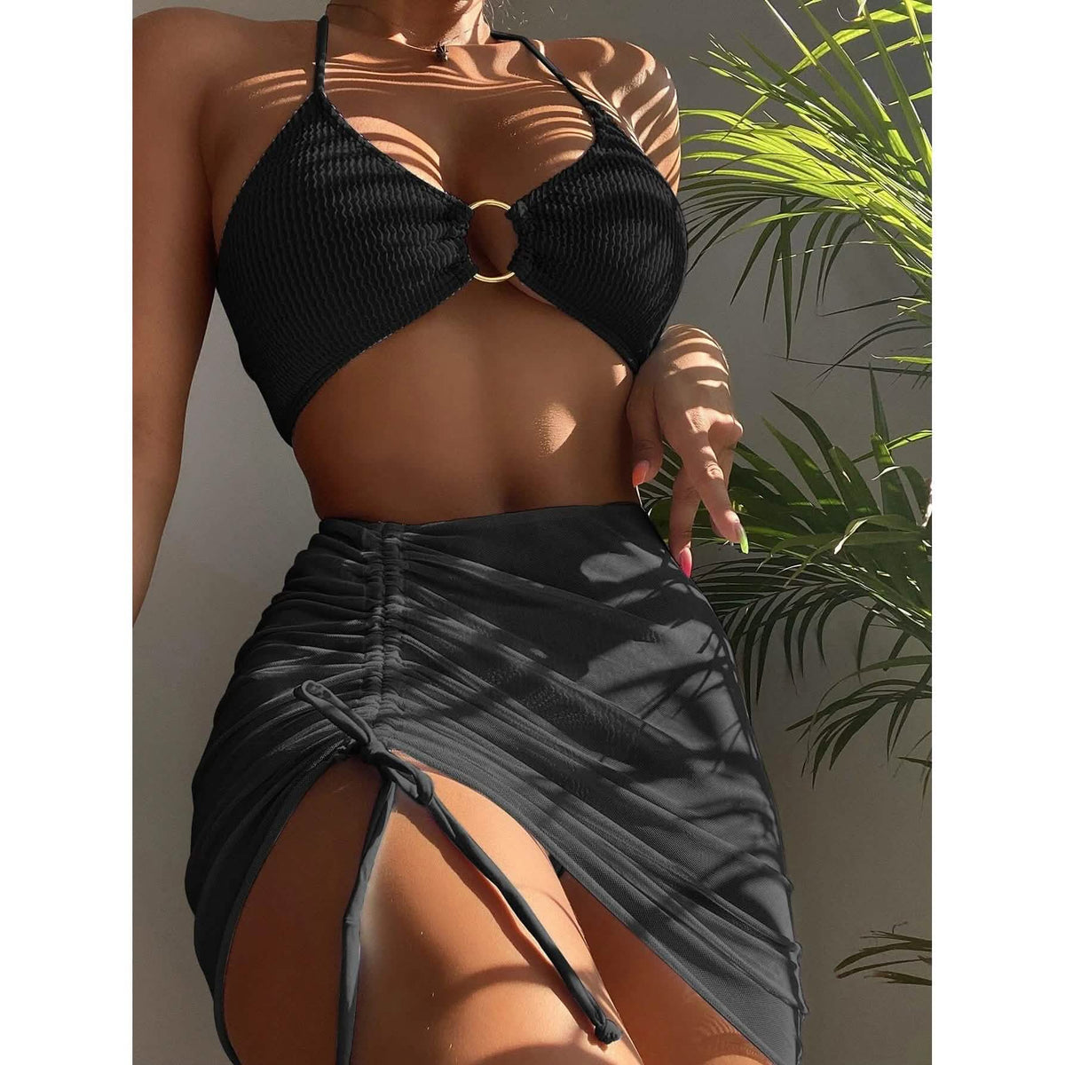3-Pack: Textured Ring Linked Halter Bikini Swimsuit & Beach Skirt Black Women's Swimwear - Tophatter Daily Deals