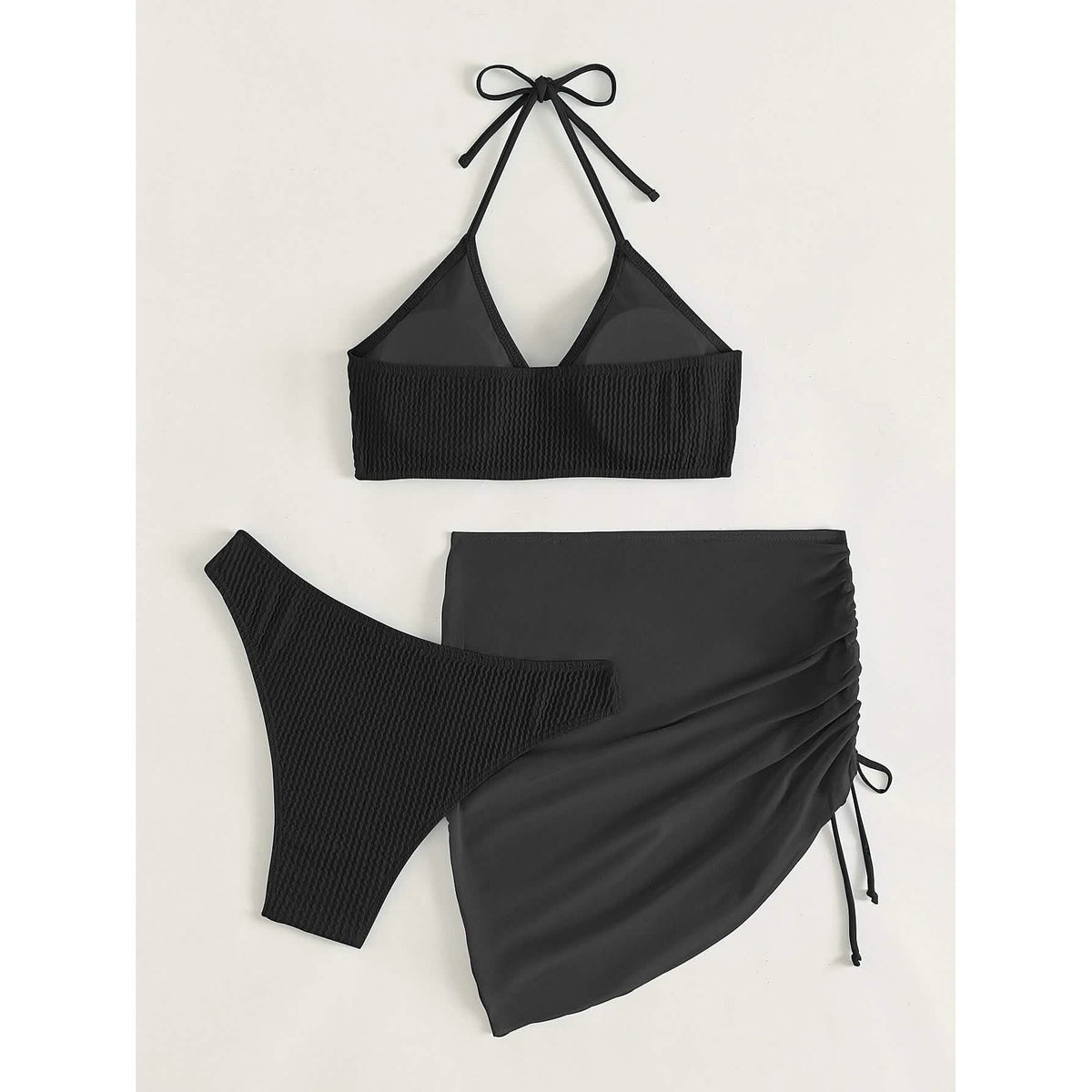 3-Pack: Textured Ring Linked Halter Bikini Swimsuit & Beach Skirt Women's Swimwear - Tophatter Daily Deals