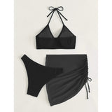 3-Pack: Textured Ring Linked Halter Bikini Swimsuit & Beach Skirt Women's Swimwear - Tophatter Daily Deals