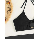 3-Pack: Textured Ring Linked Halter Bikini Swimsuit & Beach Skirt Women's Swimwear - Tophatter Daily Deals