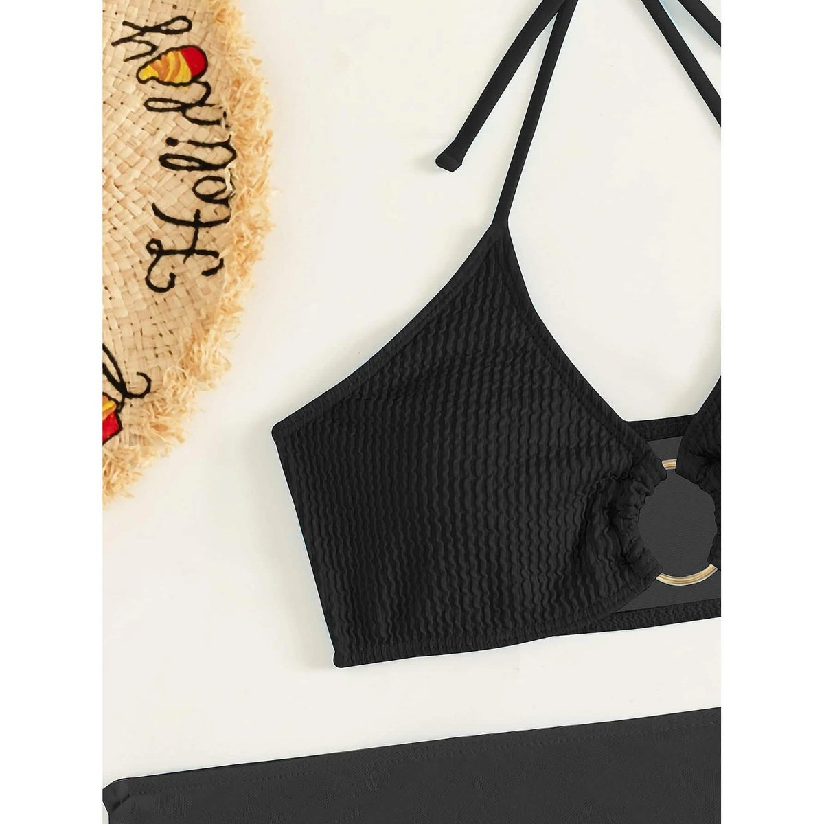 3-Pack: Textured Ring Linked Halter Bikini Swimsuit & Beach Skirt Women's Swimwear - Tophatter Daily Deals