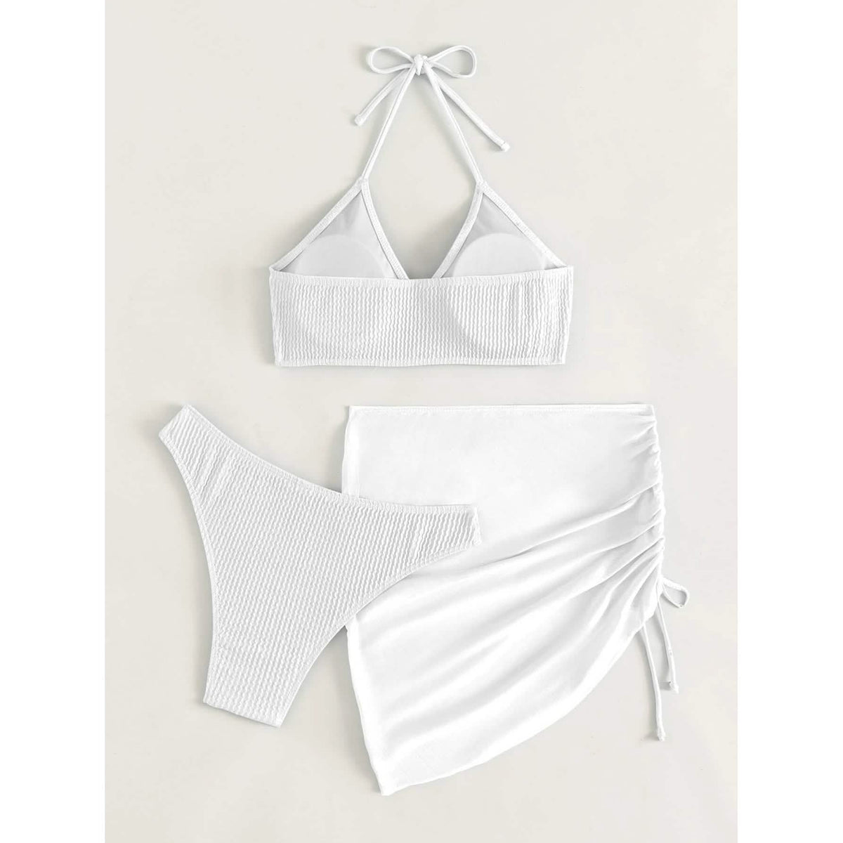 3-Pack: Textured Ring Linked Halter Bikini Swimsuit & Beach Skirt Women's Swimwear - Tophatter Daily Deals