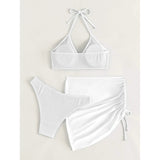 3-Pack: Textured Ring Linked Halter Bikini Swimsuit & Beach Skirt Women's Swimwear - Tophatter Daily Deals
