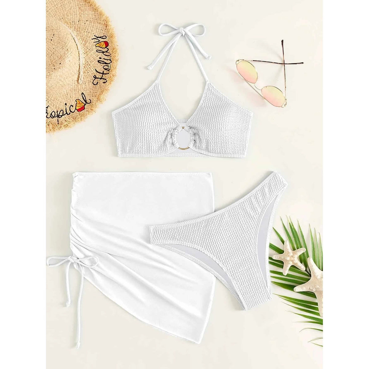 3-Pack: Textured Ring Linked Halter Bikini Swimsuit & Beach Skirt Women's Swimwear - Tophatter Daily Deals