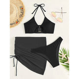 3-Pack: Textured Ring Linked Halter Bikini Swimsuit & Beach Skirt Women's Swimwear - Tophatter Daily Deals