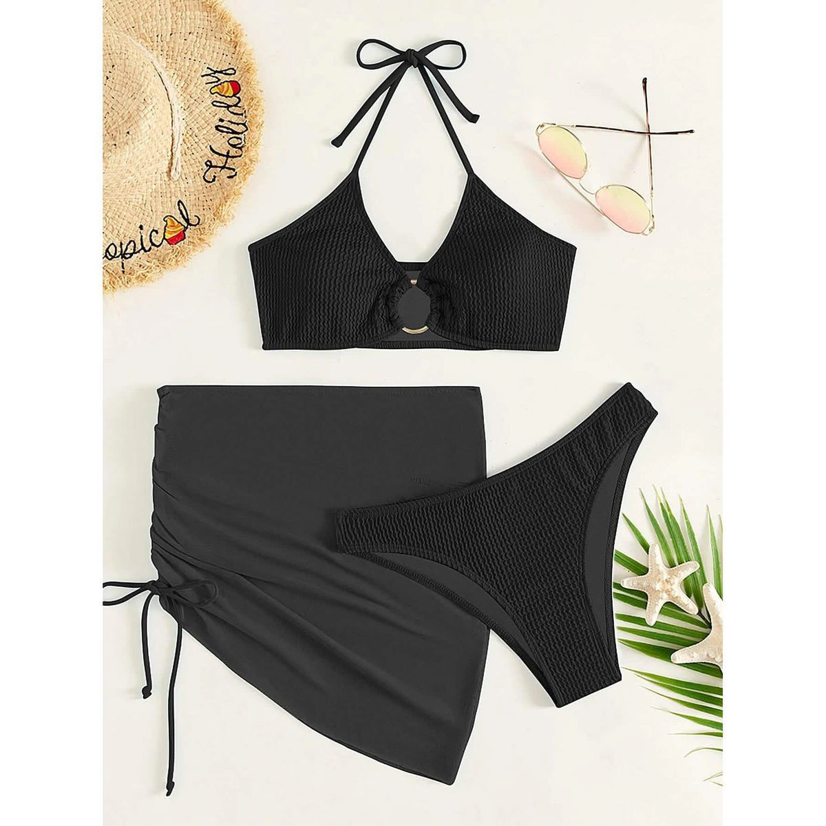 3-Pack: Textured Ring Linked Halter Bikini Swimsuit & Beach Skirt Women's Swimwear - Tophatter Daily Deals
