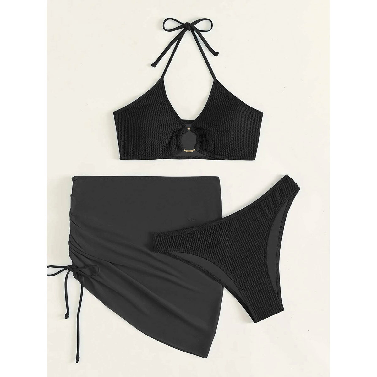 3-Pack: Textured Ring Linked Halter Bikini Swimsuit & Beach Skirt Women's Swimwear - Tophatter Daily Deals
