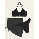 3-Pack: Textured Ring Linked Halter Bikini Swimsuit & Beach Skirt Women's Swimwear - Tophatter Daily Deals