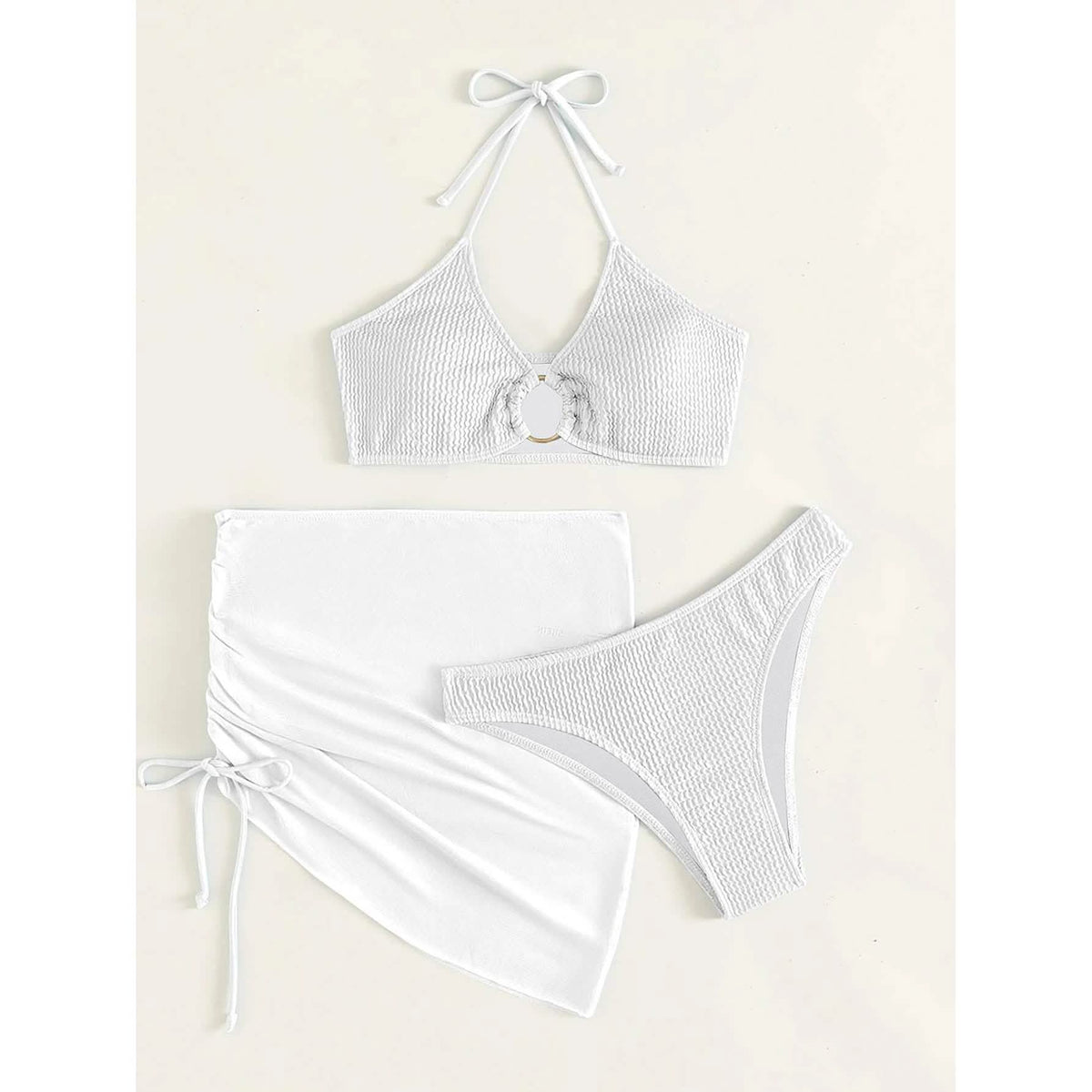 3-Pack: Textured Ring Linked Halter Bikini Swimsuit & Beach Skirt Women's Swimwear - Tophatter Daily Deals