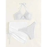 3-Pack: Textured Ring Linked Halter Bikini Swimsuit & Beach Skirt Women's Swimwear - Tophatter Daily Deals