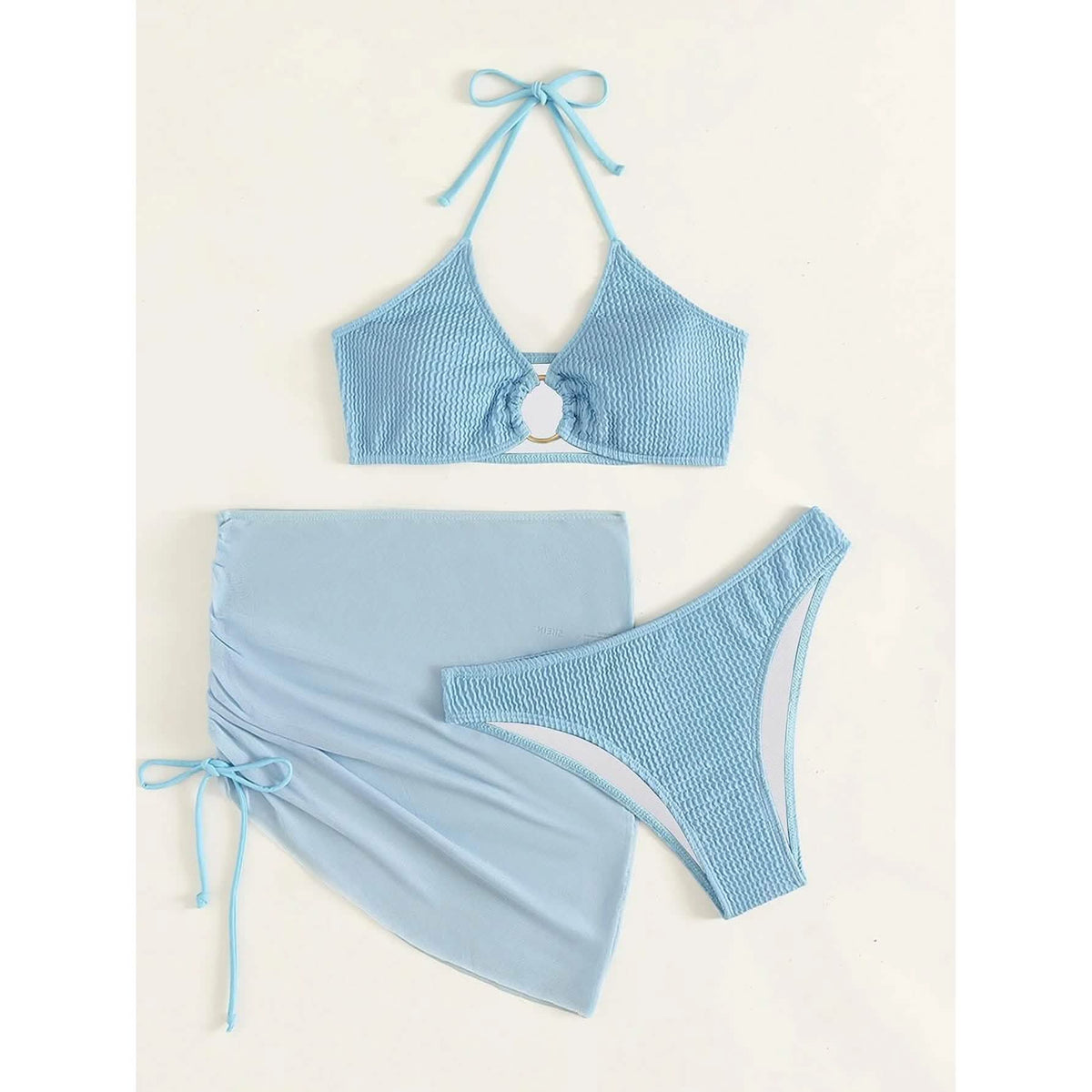 3-Pack: Textured Ring Linked Halter Bikini Swimsuit & Beach Skirt Women's Swimwear - Tophatter Daily Deals