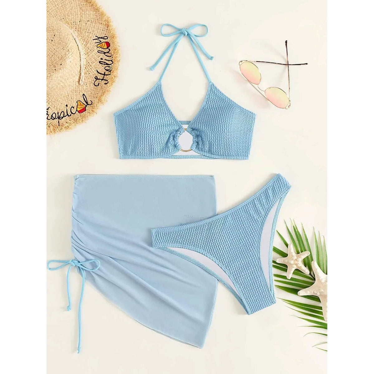 3-Pack: Textured Ring Linked Halter Bikini Swimsuit & Beach Skirt Women's Swimwear - Tophatter Daily Deals